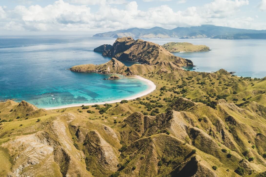 padar island drone shot near komodo island indonesia